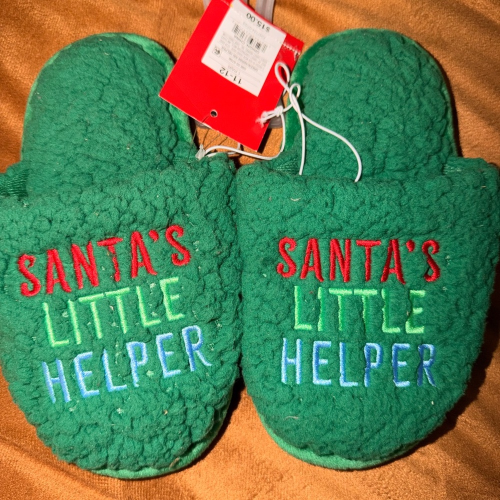 Santa's Little Helper Green Holiday Slippers